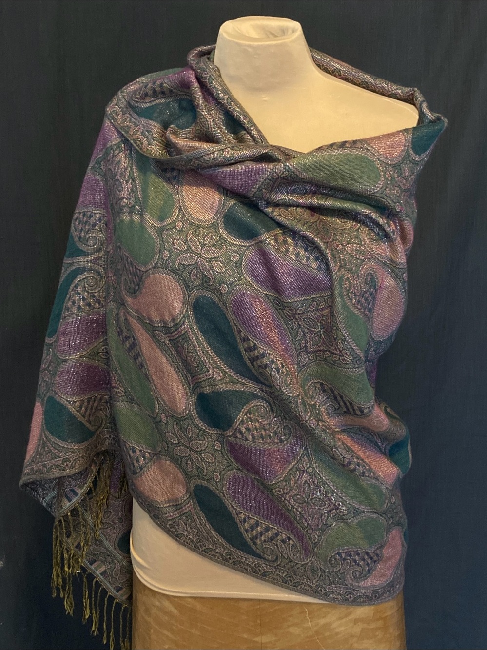 Paisley Pashmina Style Wrap Shawl in Green, Purple, Pink, Metallic w/Fringe